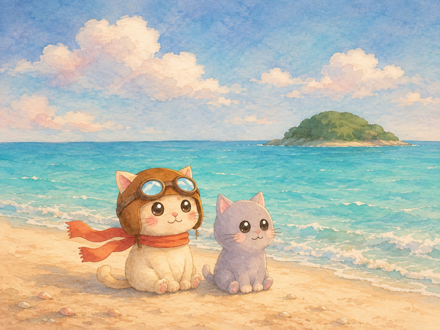 イラスト。飛行帽とマフラーの猫が、もう一匹の猫と浜辺に座っている