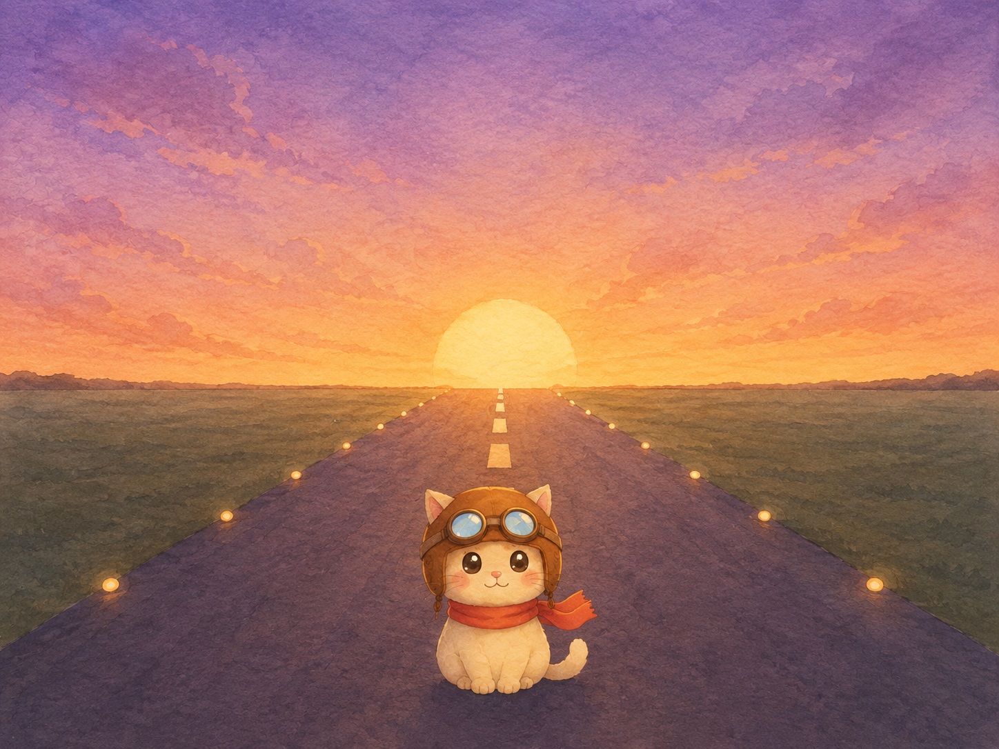 イラスト。夕暮れの滑走路に一匹だけ立つパイロット猫。中心線灯が奥へ続く