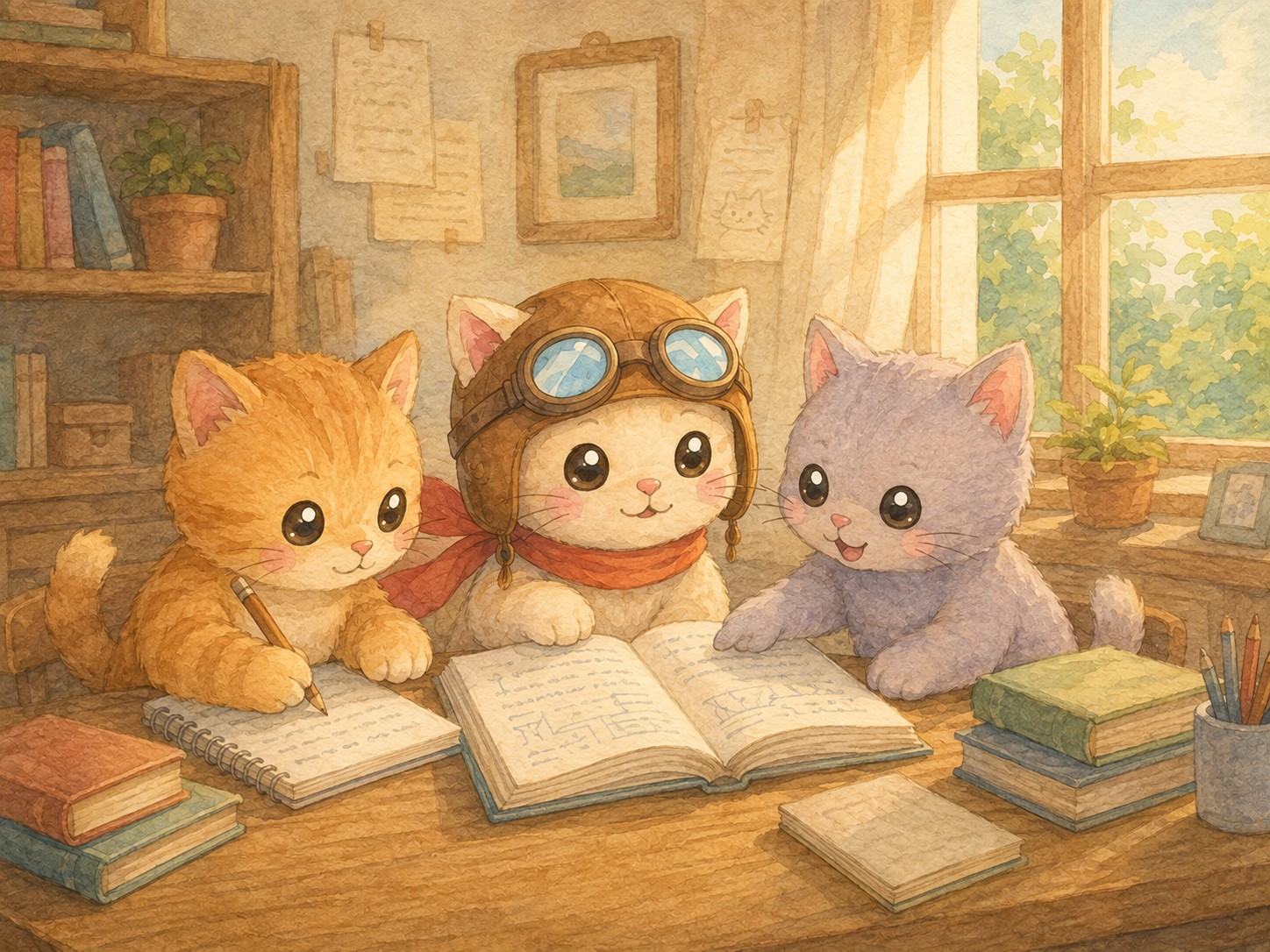 明るい部屋で、小さな猫たちが一冊の本を囲んで一緒に勉強している