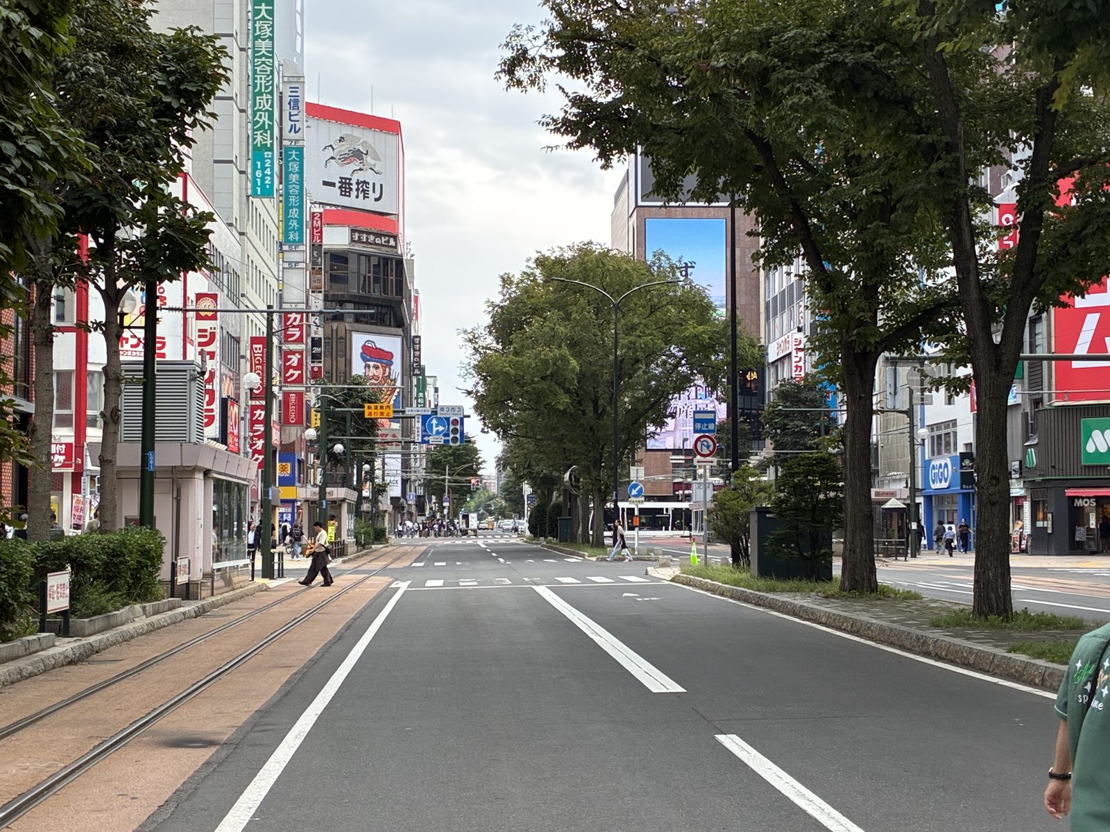 A wide Sapporo avenue in the early morning, tram tracks in the road and nobody about